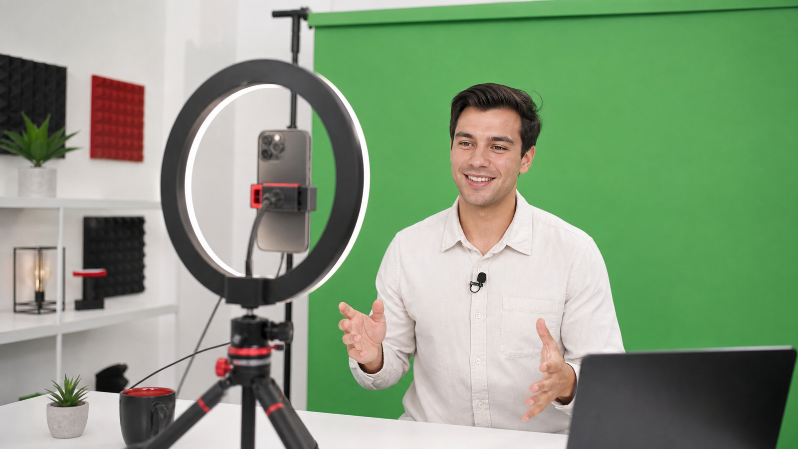 Rodaje de producción de video con setup móvil, aro de luz y fondo verde